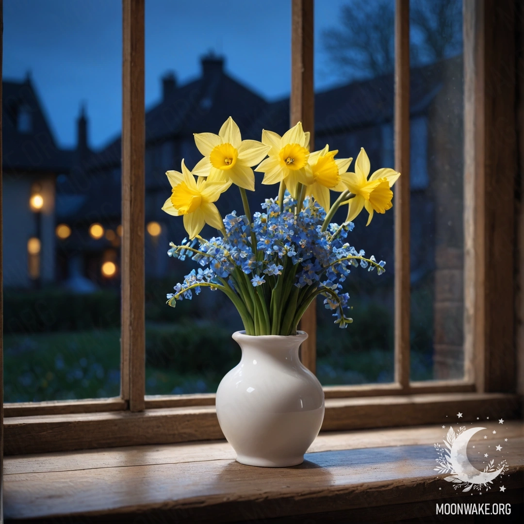 A shabby wooden window sill with a white porcelain vase holding daffodils and forget-me-nots at night.
