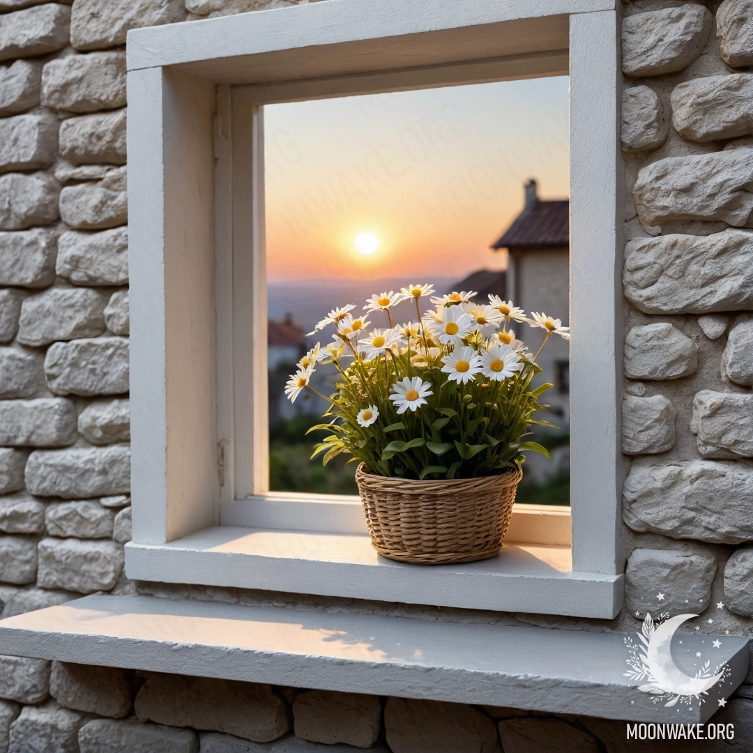 A basket of daisies sits on a windowsill beside a cozy white stone wall, with an open window and a sunset view.