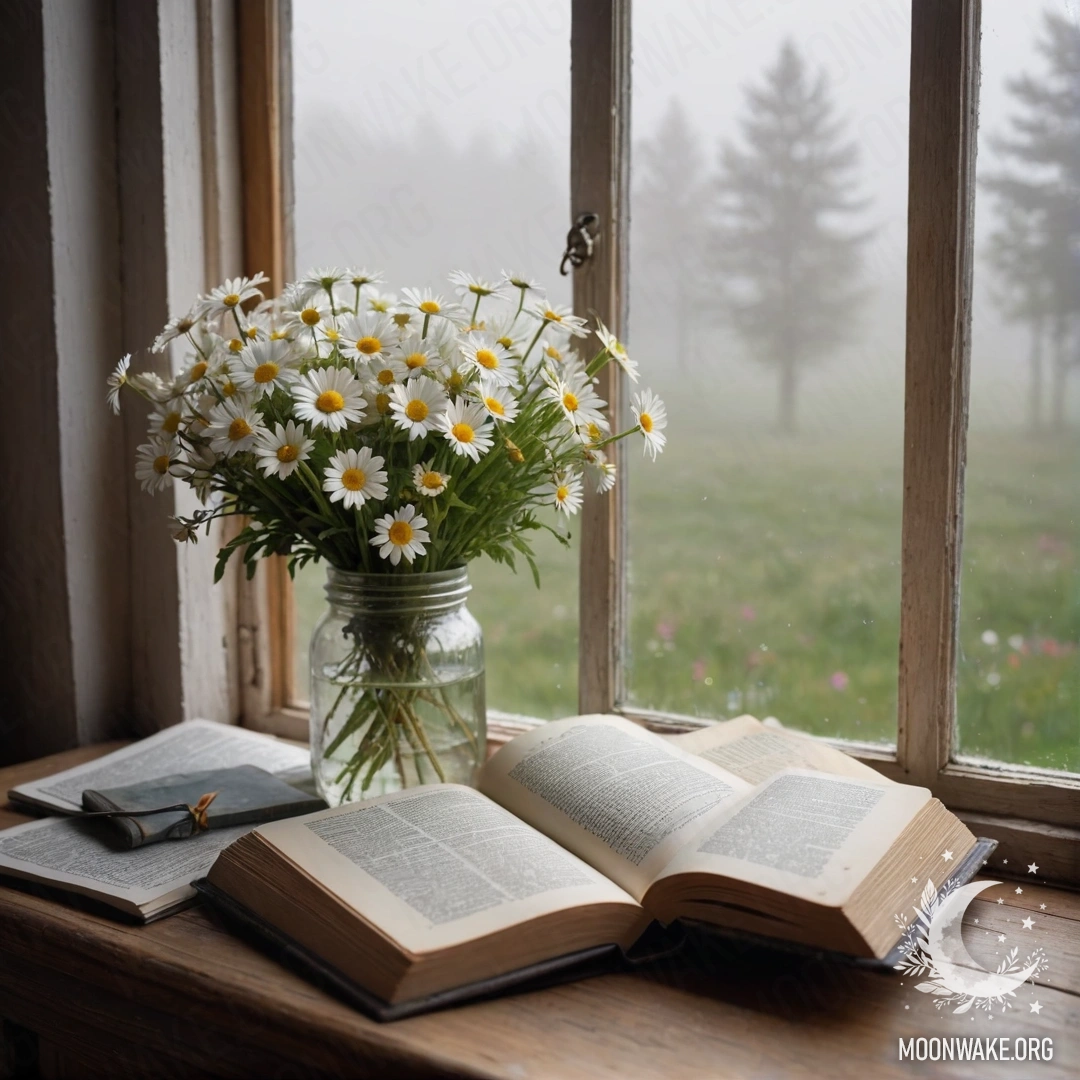 A cozy wooden windowsill with a jar of daisies and an open book on it.