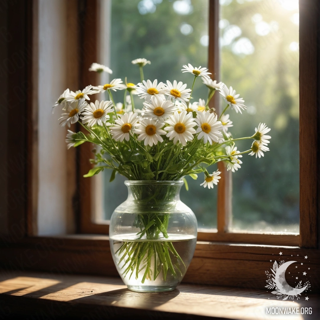 A glass vase with daisies sits on a wooden vintage windowsill, illuminated by sun rays.