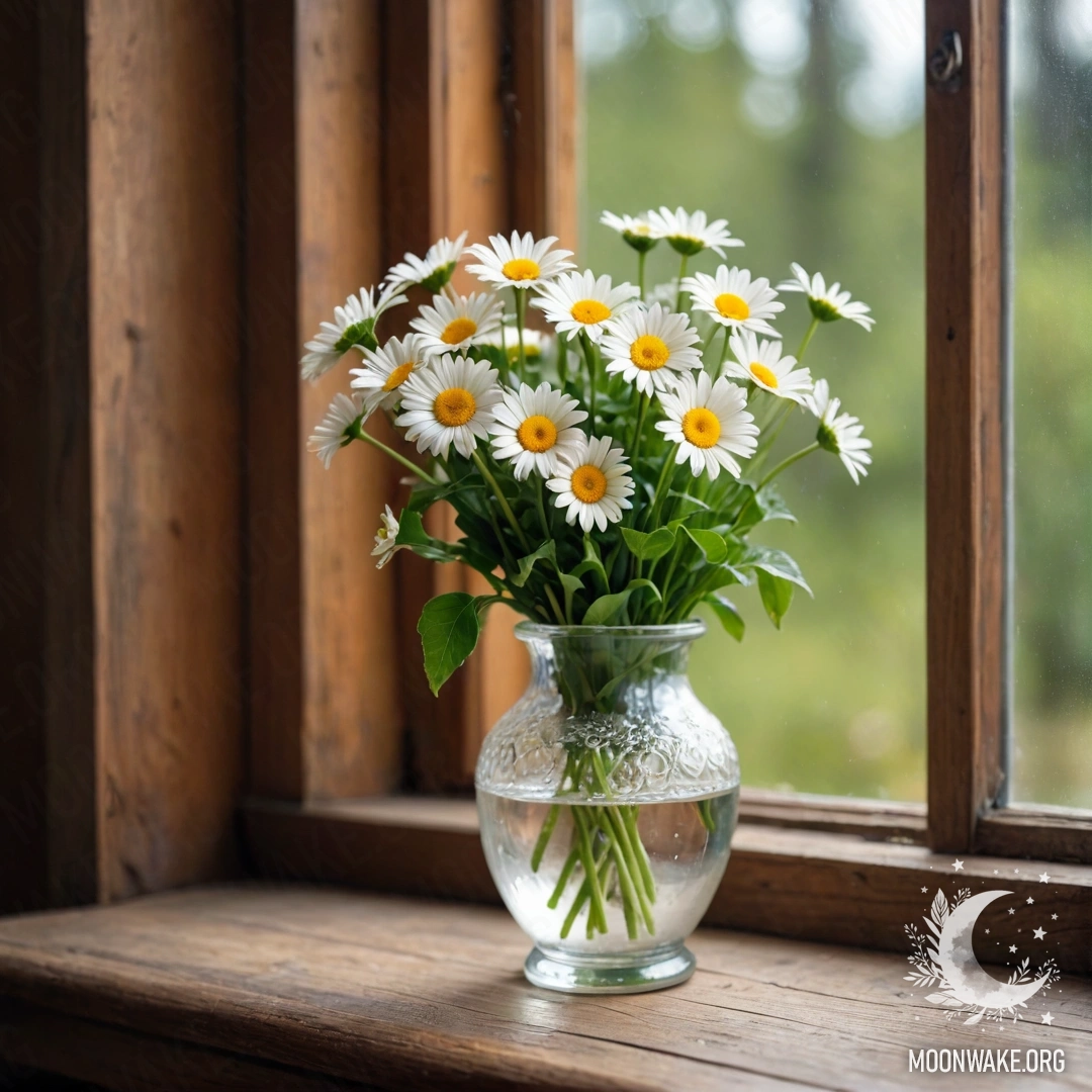 A glass vase with daisies placed on a wooden vintage windowsill.