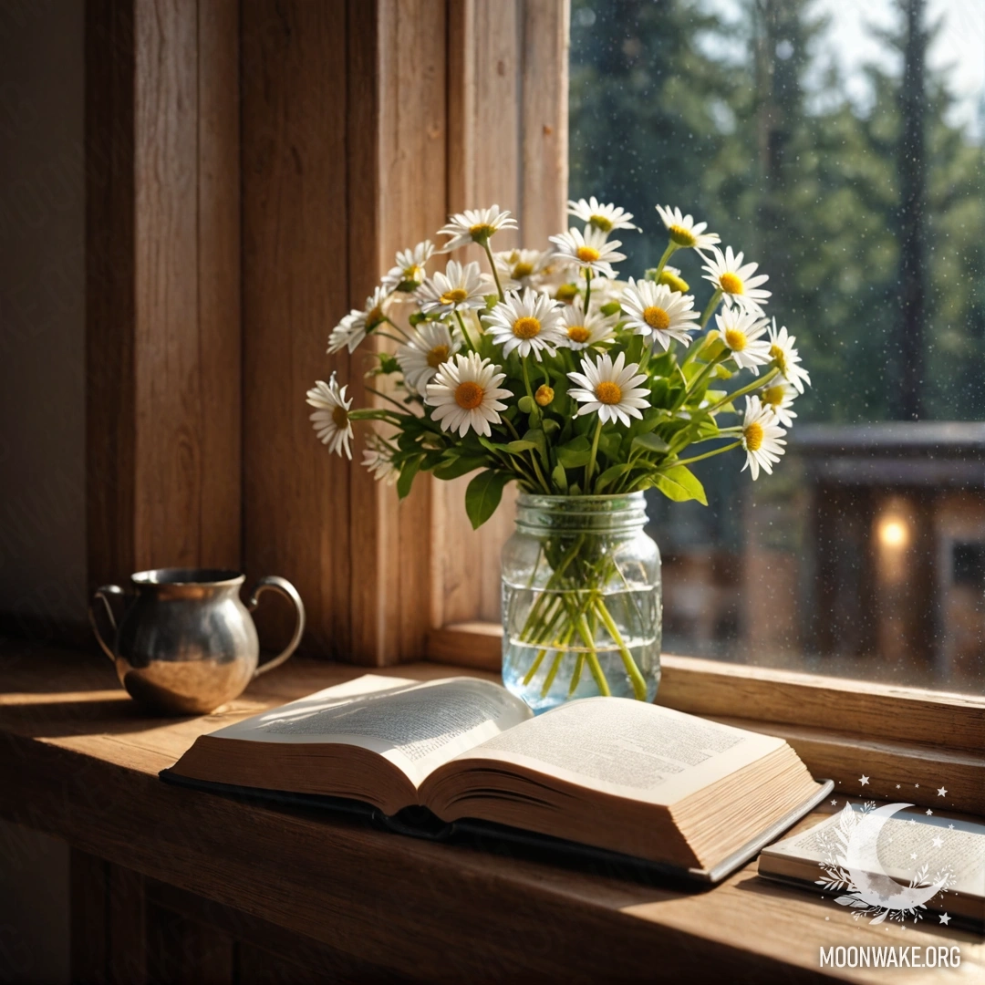 A jar with a bouquet of daisies on a shabby wooden windowsill with an open book and garland lights.