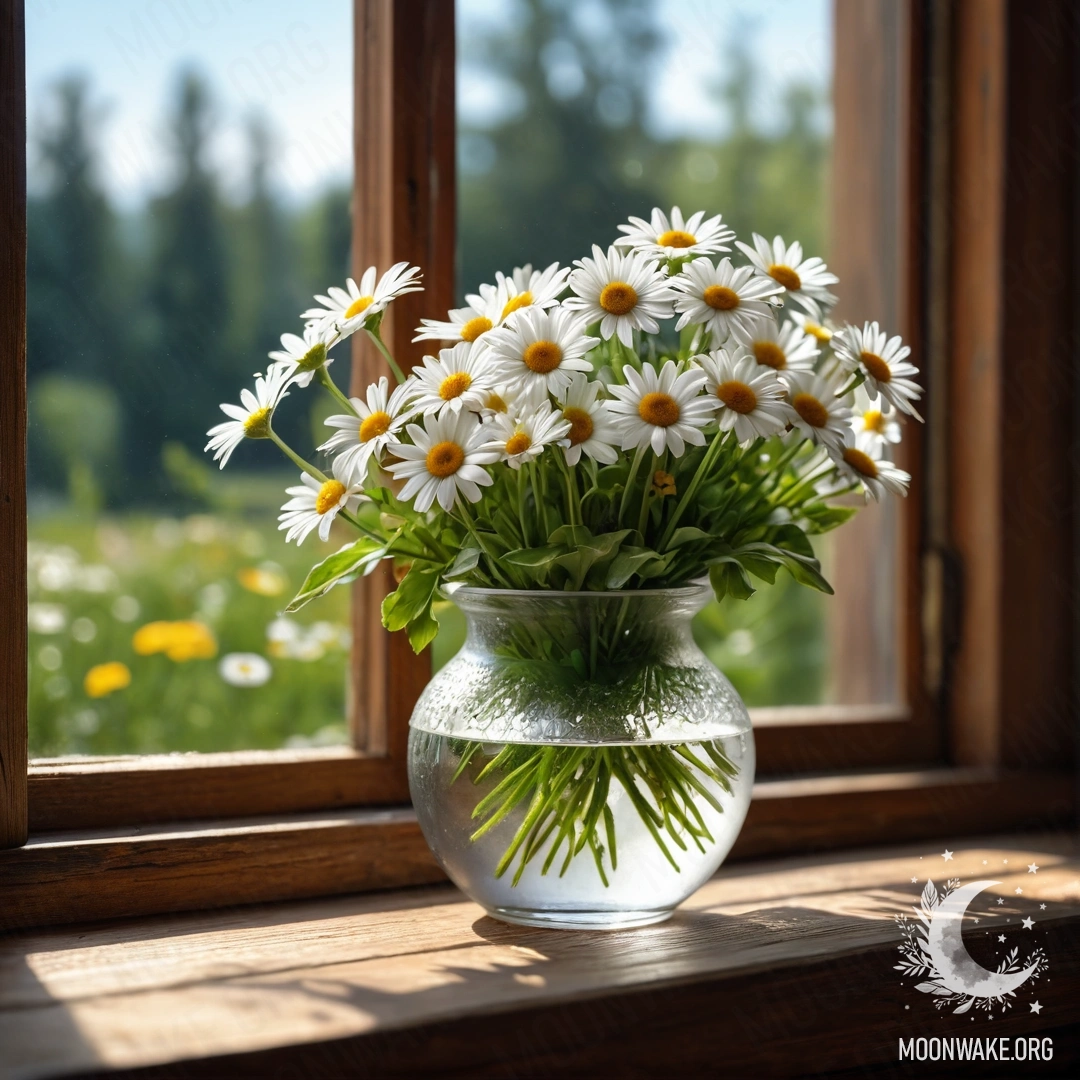 Cozy Daisies on Vintage Windowsill A glass vase with daisies placed on a wooden vintage windowsill, illuminated by sunlight.