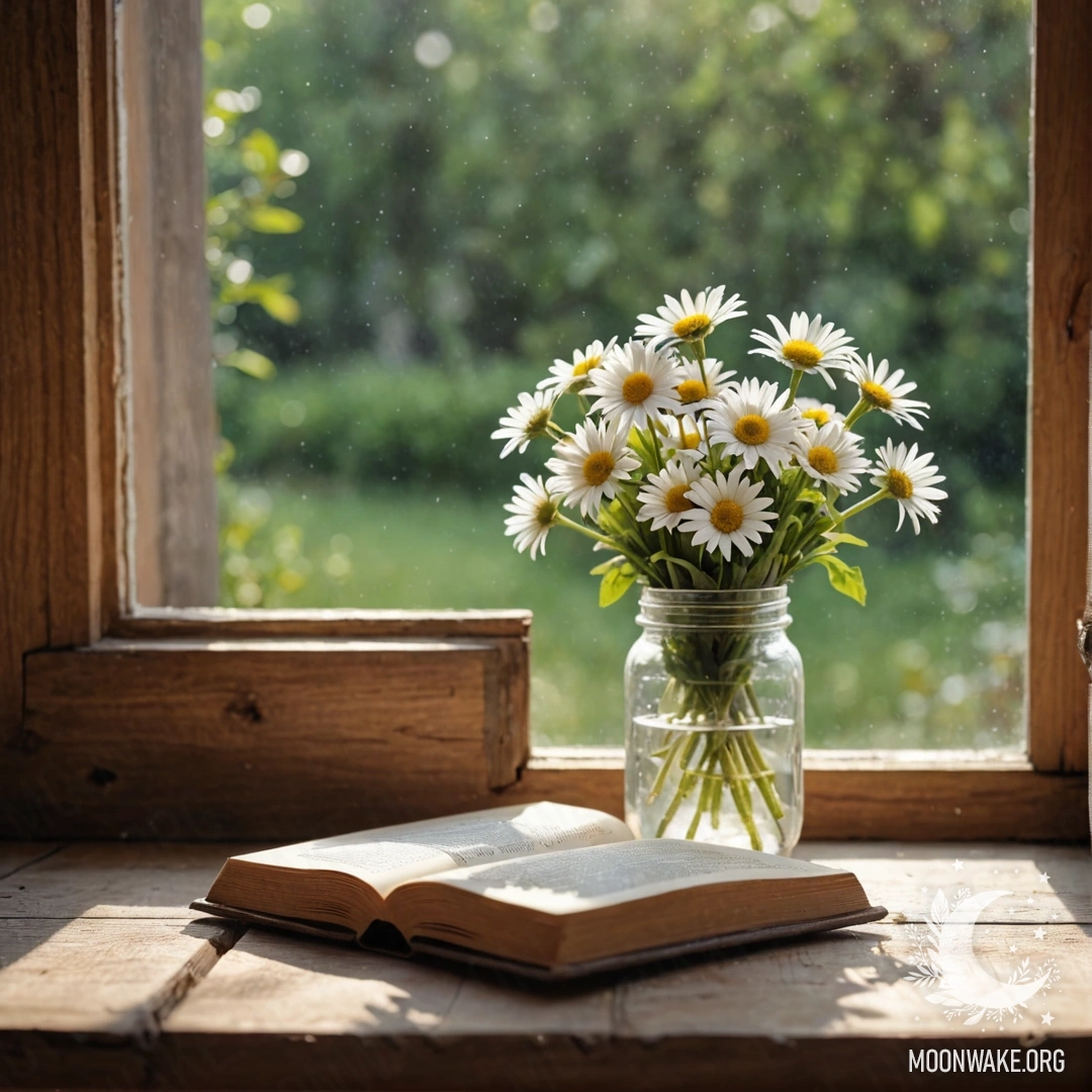A photorealistic image of a shabby wooden windowsill with a jar containing daisies and an open book beside it.