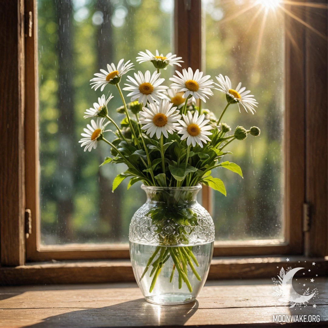 A glass vase filled with daisies sits on a wooden vintage windowsill, illuminated by soft sun rays.