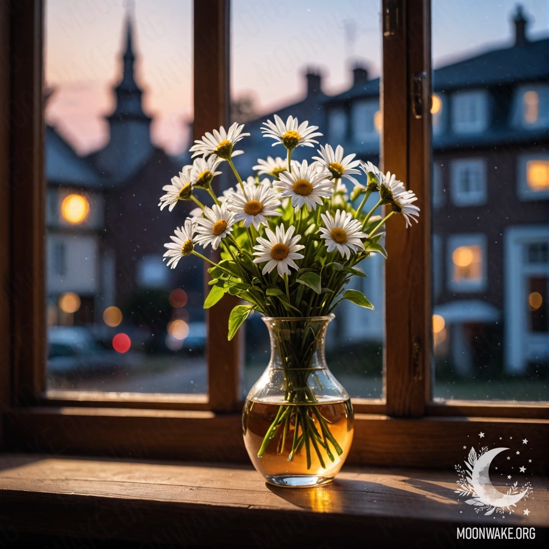 A glass vase with daisies placed on a wooden vintage windowsill at night time, illuminated by soft light.