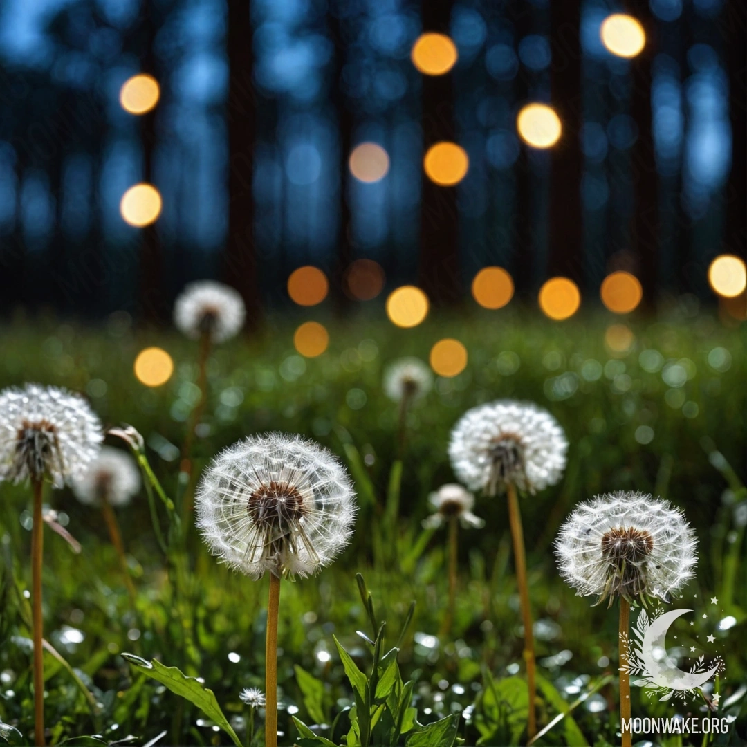 Cozy Dandelion Field at Night A close-up view of dandelions against a soft, bokeh forest background at night.