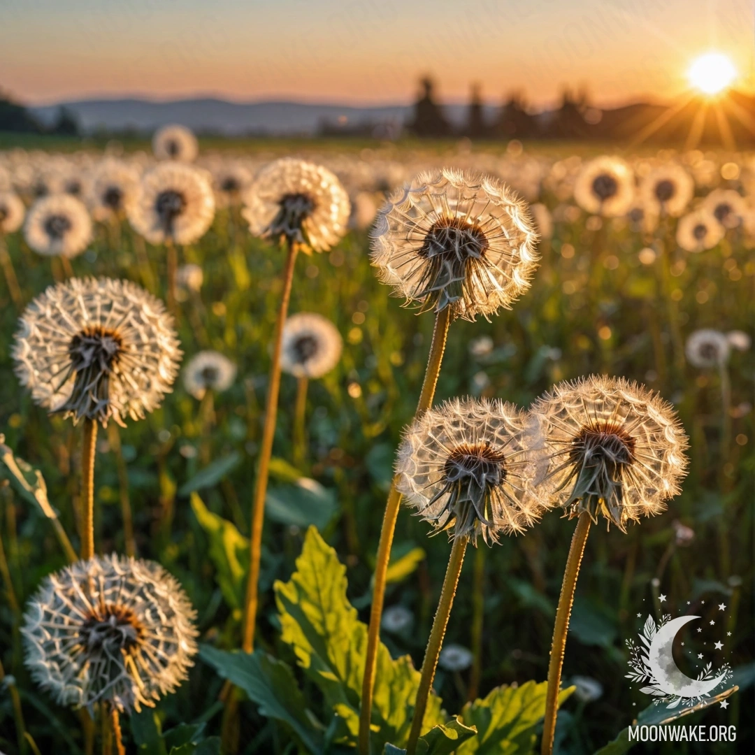 Close-up of dandelions in a cozy field against a bokeh sunset.