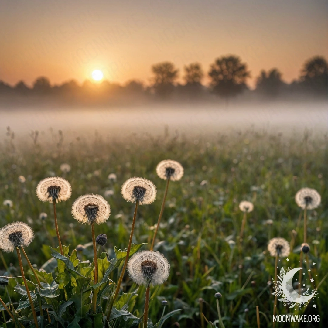 Cozy Dandelion Field at Sunset A close-up of dandelions in a foggy field at sunset, with a bokeh effect.
