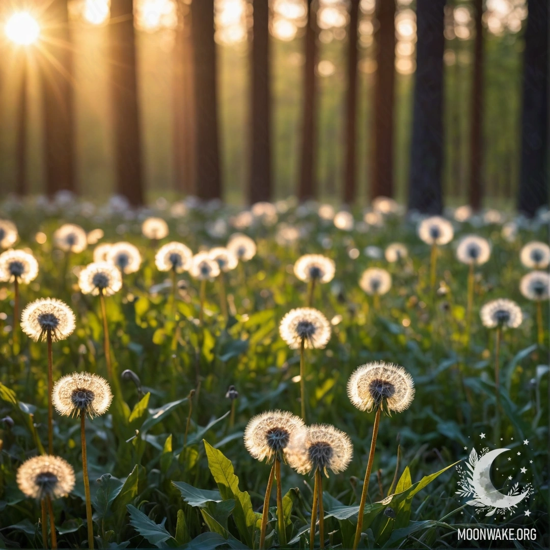 Close-up of dandelions in a cozy field with a blurred forest background and sun rays during sunset.