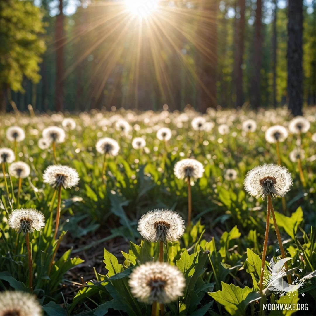 A close-up view of dandelions in a cozy field with blurred background of a forest and sunlight filtering through the trees.