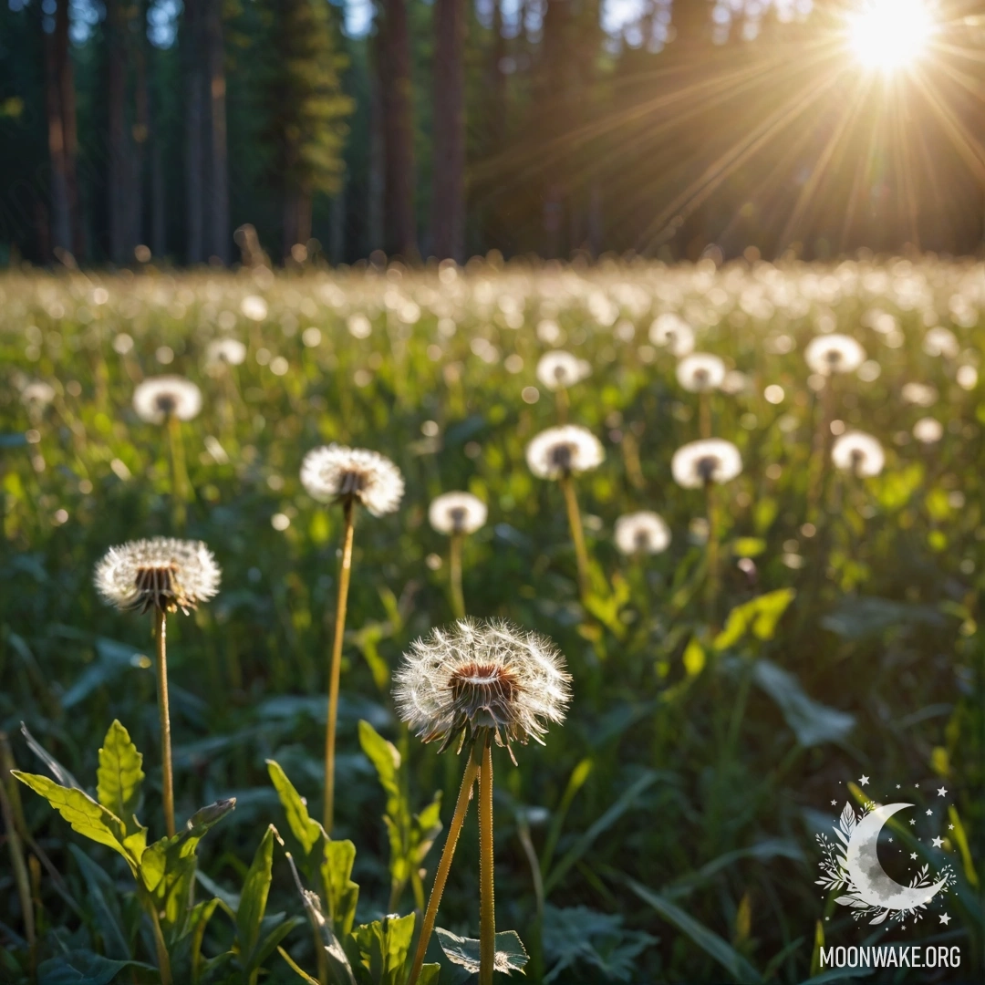 Cozy Dandelion Field in Bokeh Forest Close-up of dandelions in a cozy field with a forest in bokeh in the background.