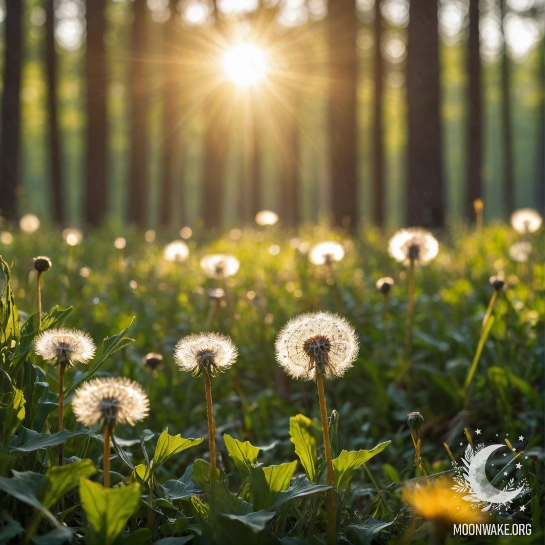Close-up view of dandelions in a cozy field against a blurred forest, illuminated by sun rays.