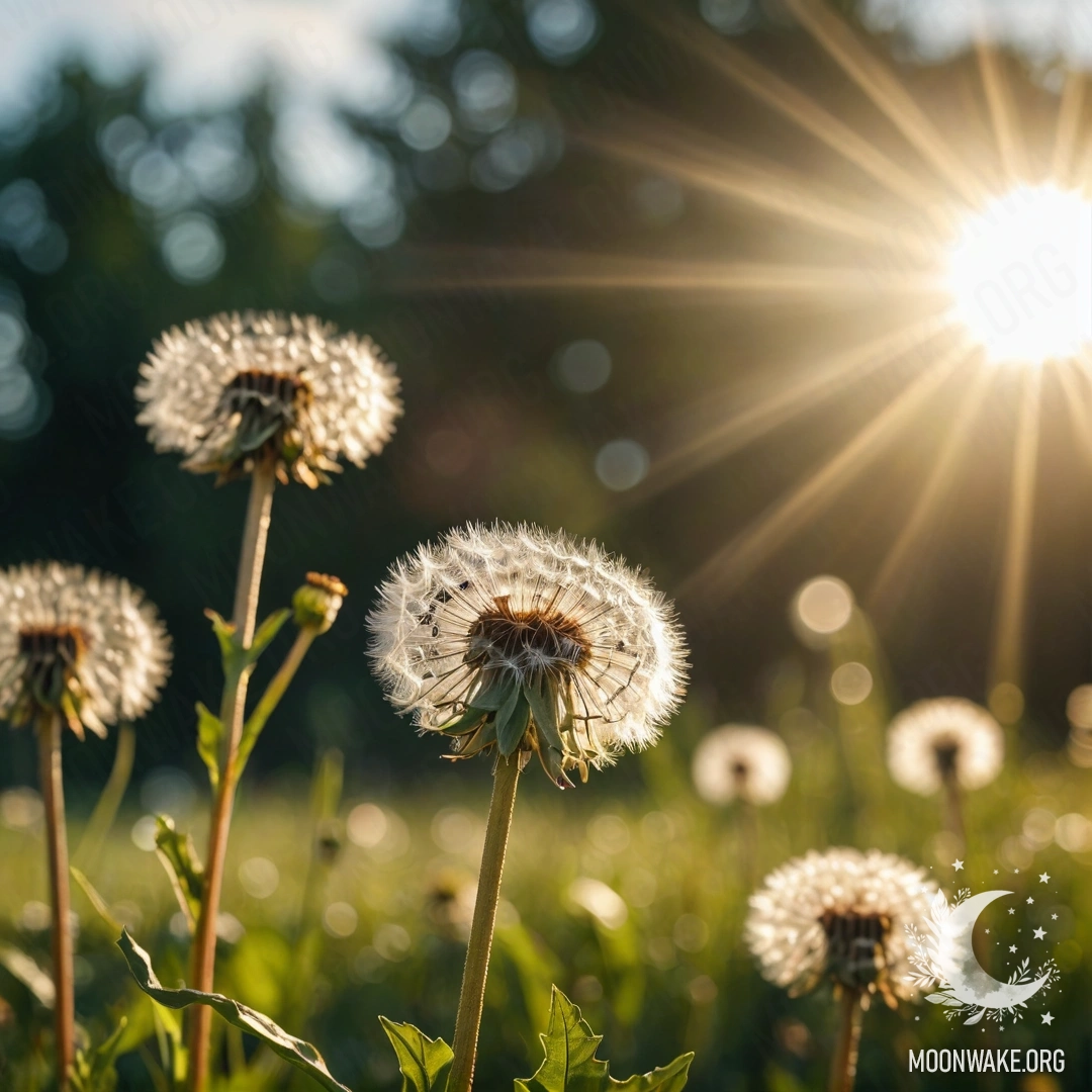 Cozy Dandelion Field with Bokeh Sky Close-up of dandelions in a cozy field with a blurred sky and sun rays