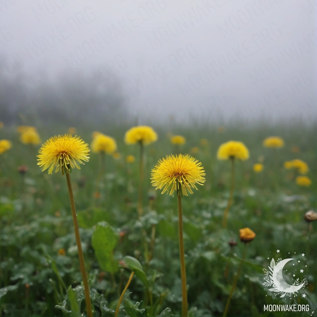 Cozy Dandelion Field in Mist A close-up of dandelions in a foggy field against a blurred sky with clouds.