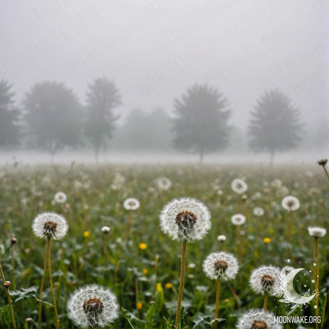 Cozy Dandelion Field in the Mist A close-up of dandelions in a foggy field against a bokeh sky.