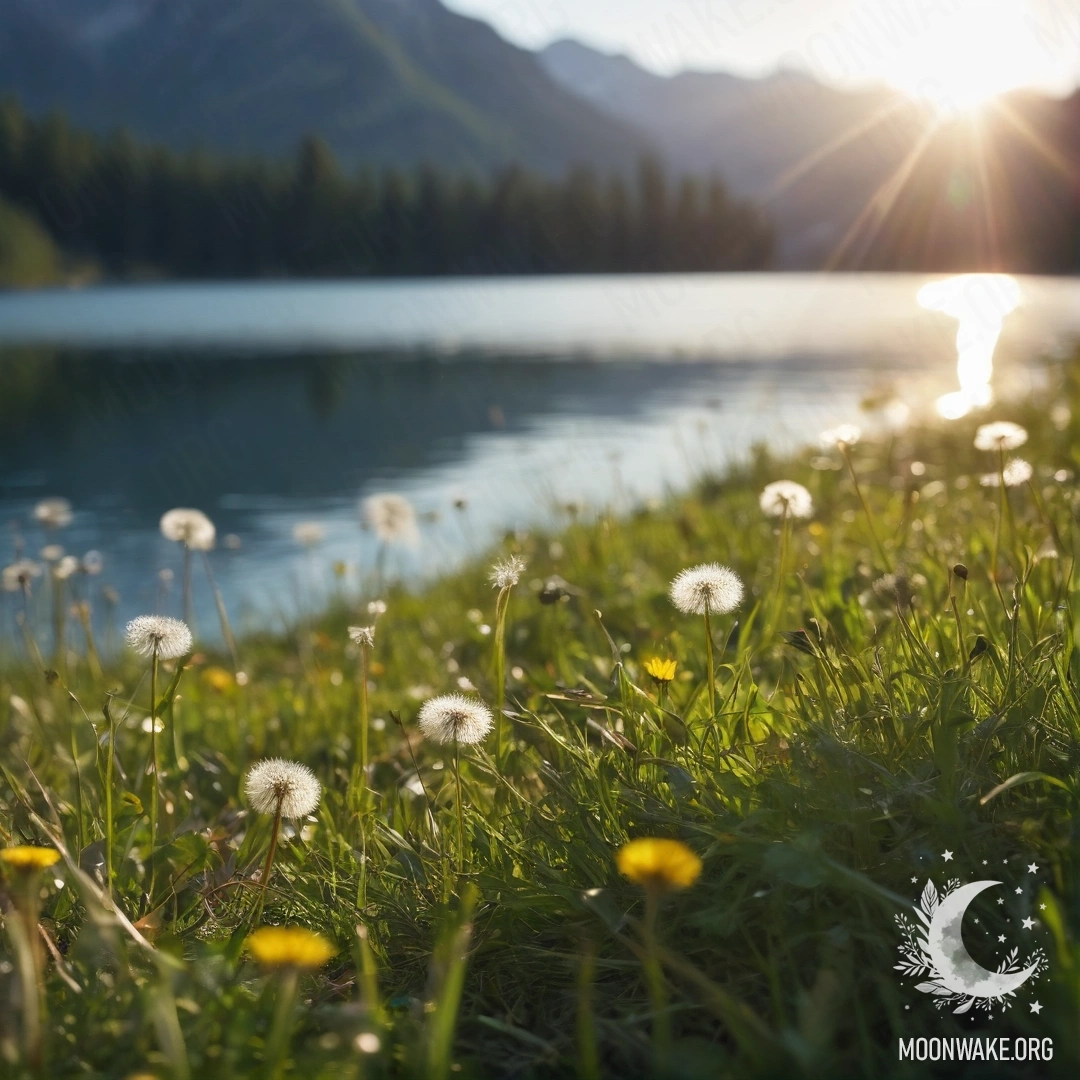 Cozy Dandelion Field by Mountain Lake Close-up of dandelions with a blurred background of a mountain lake.