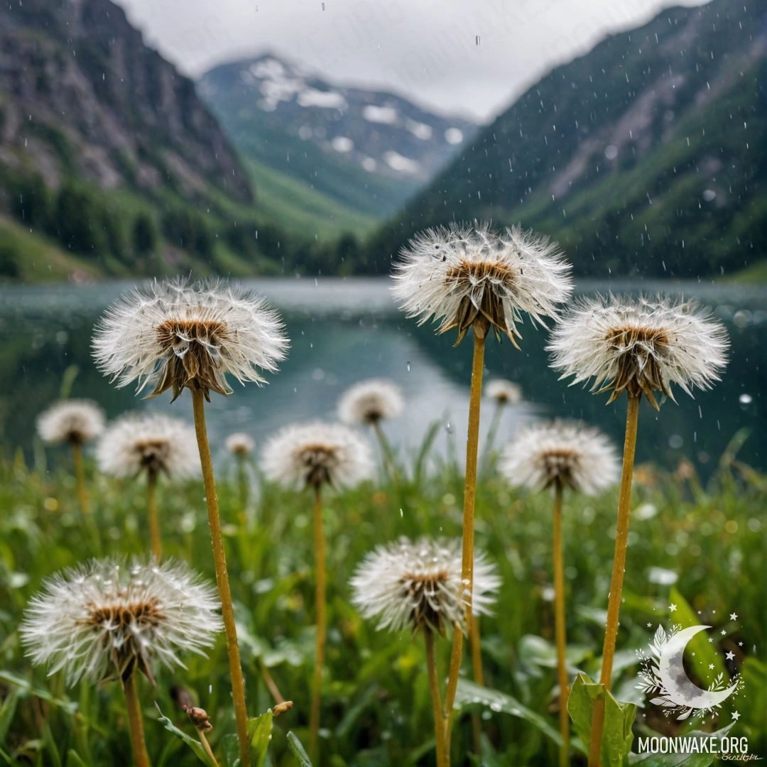 Cozy Dandelion Field with Mountain Lake A close-up of dandelions in a cozy field against a blurred mountain lake in the rain.