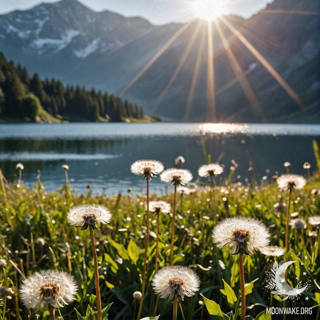 Close-up of dandelions in a cozy field with a blurred mountain lake in the background and sun rays
