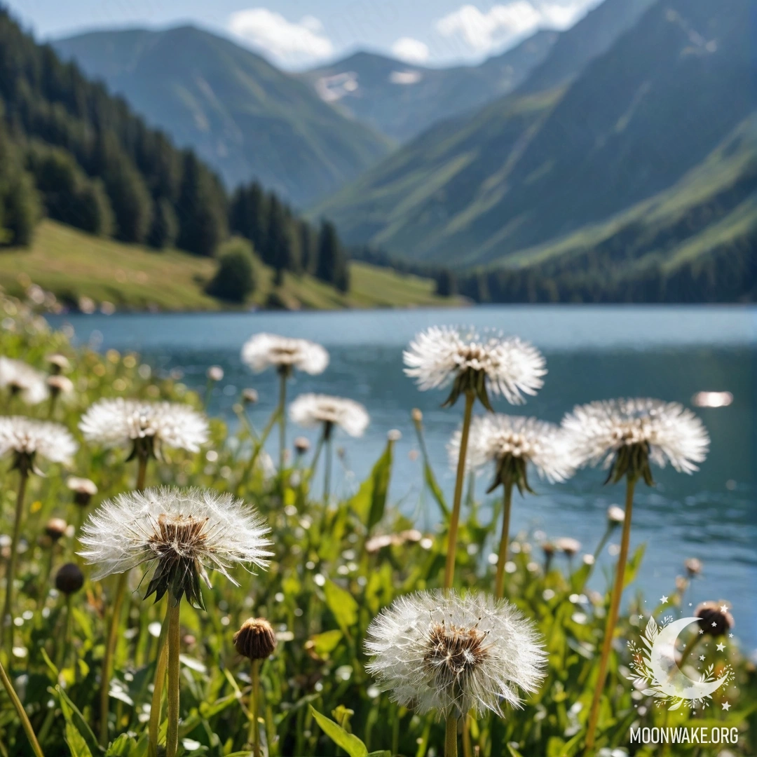 Close-up of dandelions in a field with mountain lake in the background.