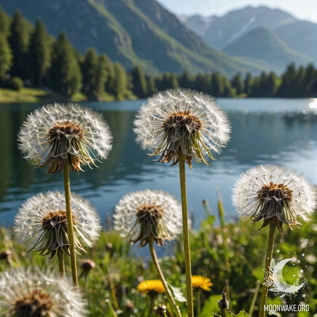 Cozy Dandelion Field by Mountain Lake Close-up of dandelions in a field with a blurred mountain lake in the background.