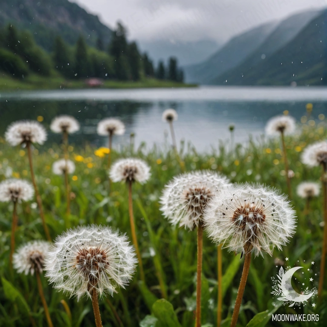 Close-up of dandelions in a cozy field with a bokeh background of a rainy mountain lake.