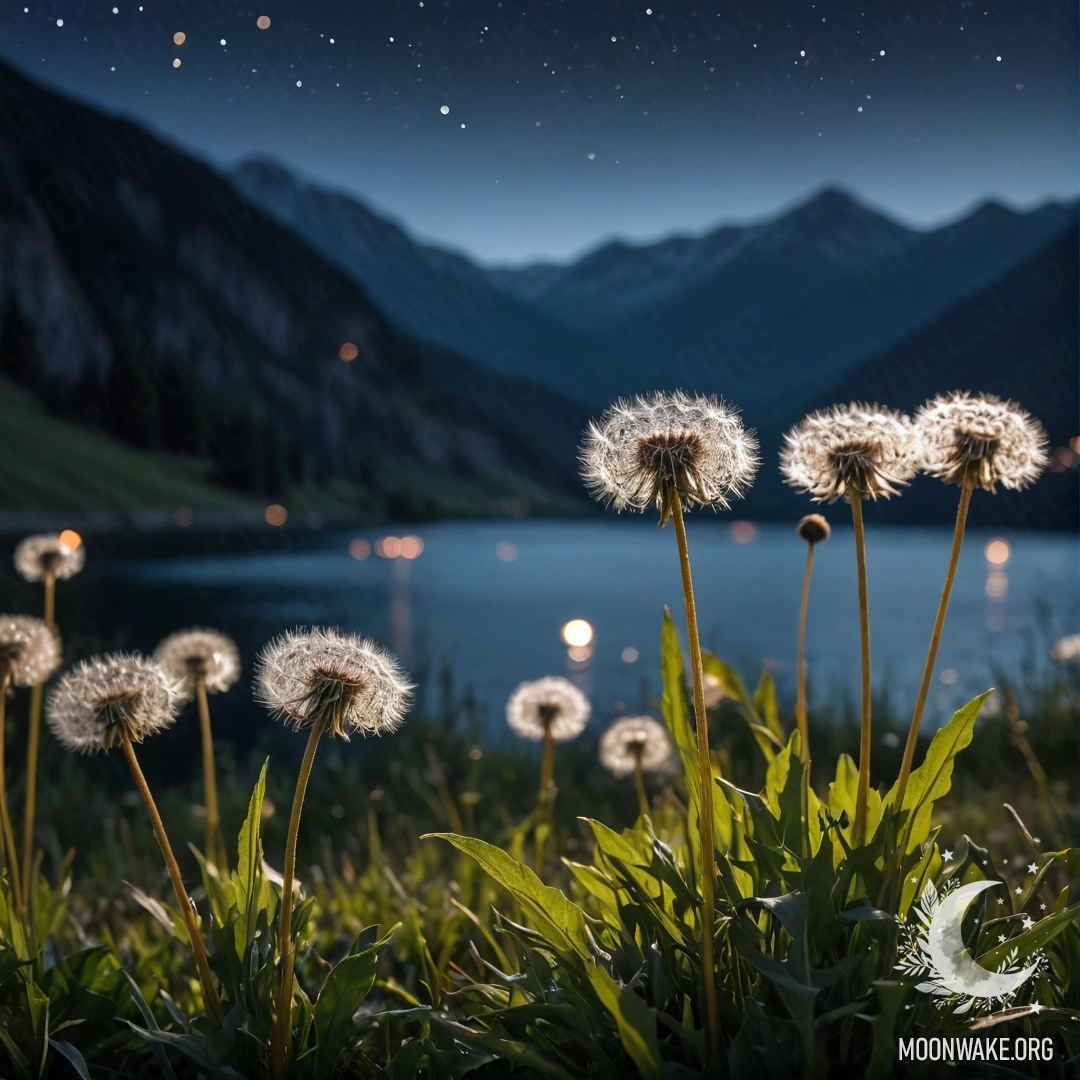 A close-up of dandelions in a cozy field against a bokeh mountain lake at night.