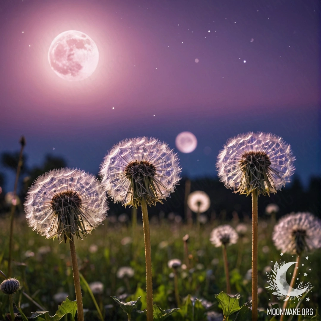Close up of dandelions in a field against a pink violet sky with the moon.
