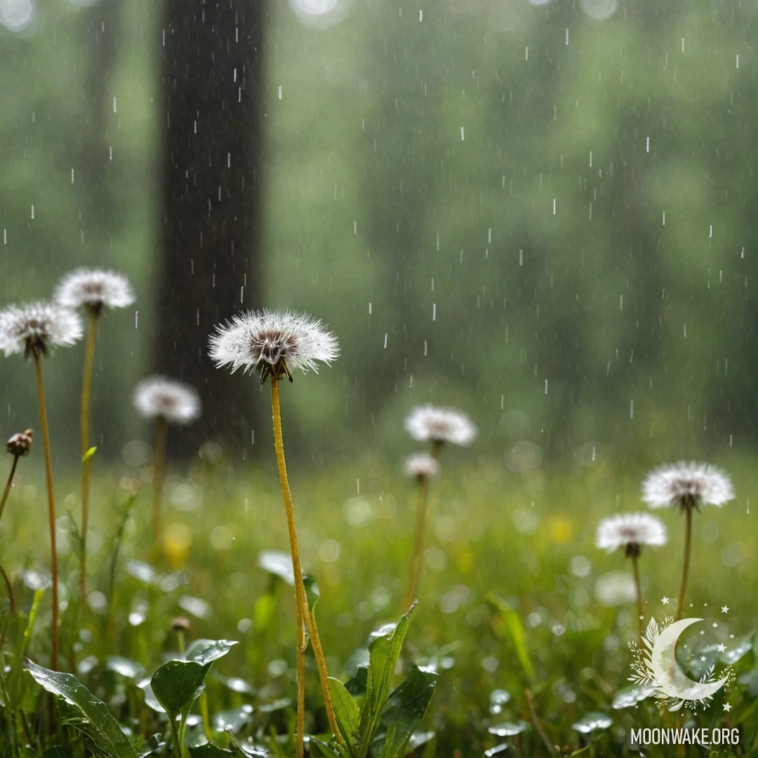 A close-up view of dandelions in a field with a blurred forest background in the rain.