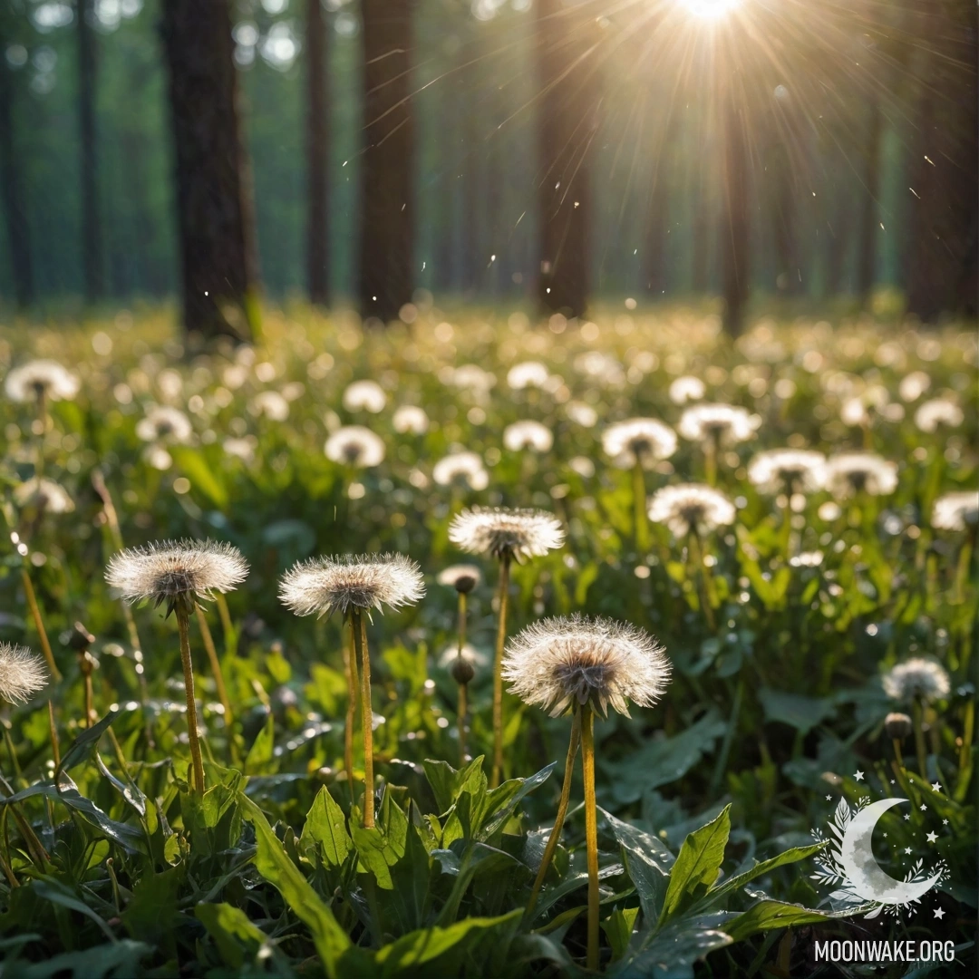 Cozy Dandelion Field with Sun Rays Close-up of dandelions in a cozy field with bokeh forest background and sun rays