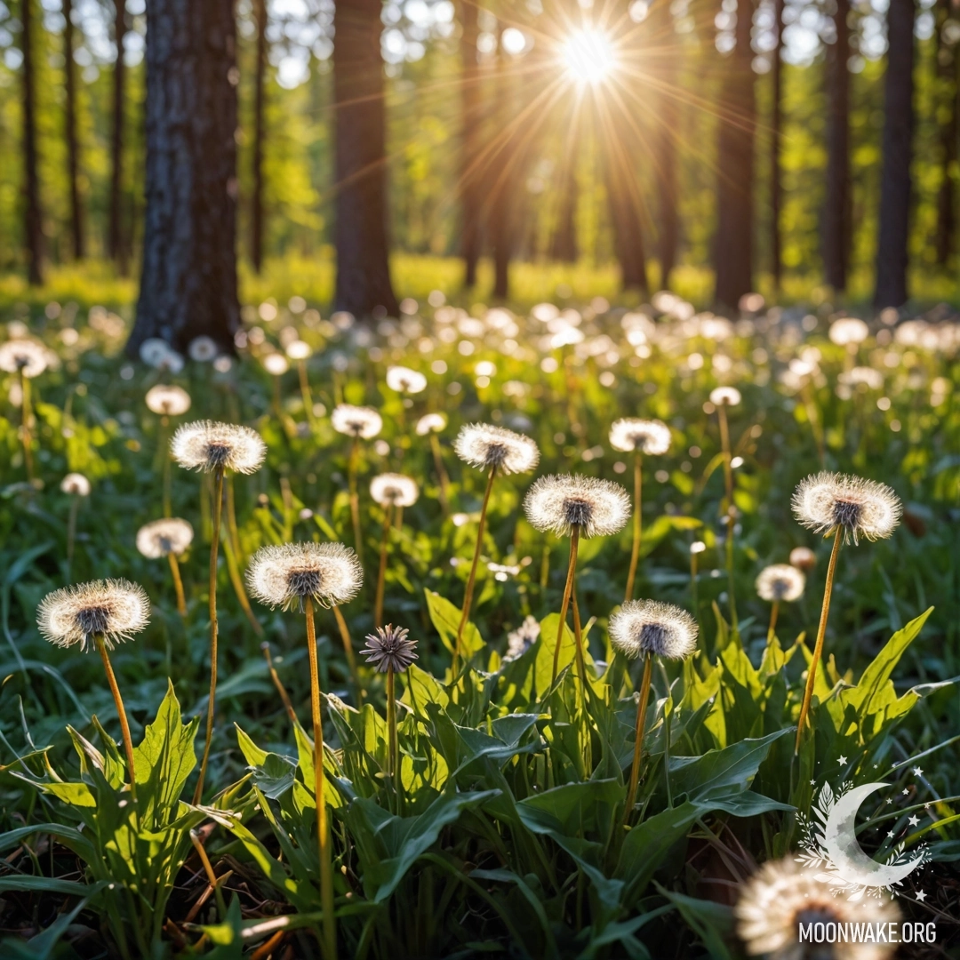 A close-up view of dandelions in a cozy field with a blurred forest background and sun rays