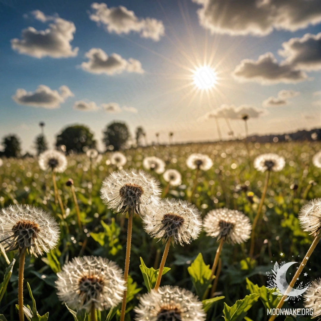 Close-up of dandelions in a cozy field against a bokeh sky.