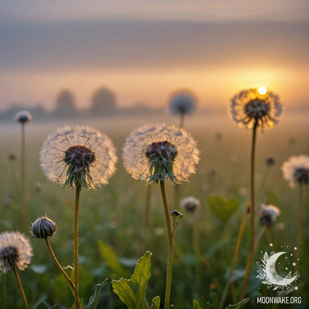 Cozy Dandelion Field at Sunset Close-up of dandelions in a cozy field with a bokeh sunset and dense fog.