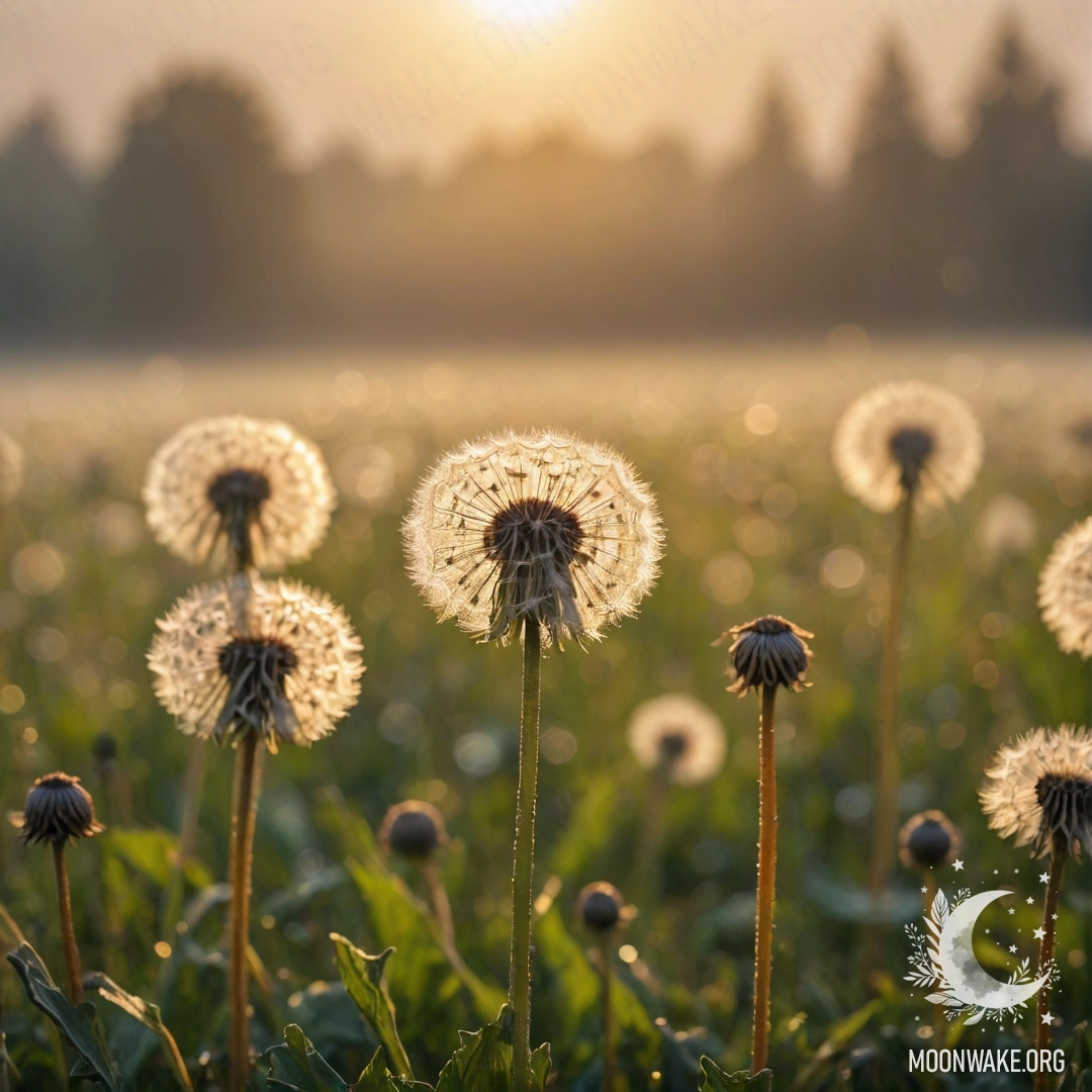 Close-up of dandelions in a foggy field during sunset with bokeh effect and rain.