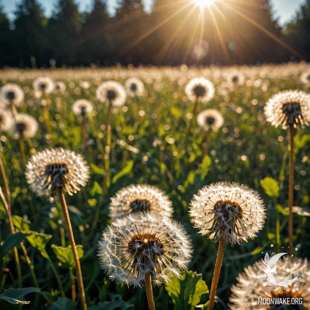 Cozy Dandelion Field in Bloom Close-up of dandelions in a vibrant field with bokeh flowers.