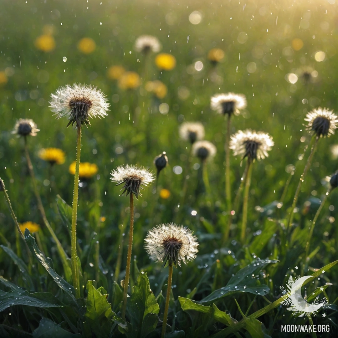 Cozy Dandelions in Rainy Bokeh A close-up of dandelions in a bokeh field of flowers, with rain droplets.