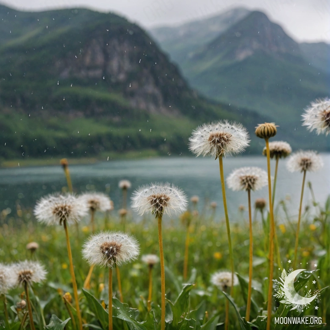 Close-up of dandelions in a cozy field with a blurred mountain lake background under the rain.