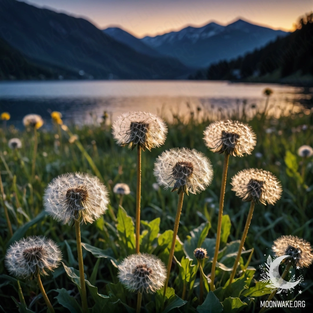 Cozy Dandelions by Mountain Lake at Night Close-up of dandelions in a cozy field, with a bokeh background of a mountain lake at night.