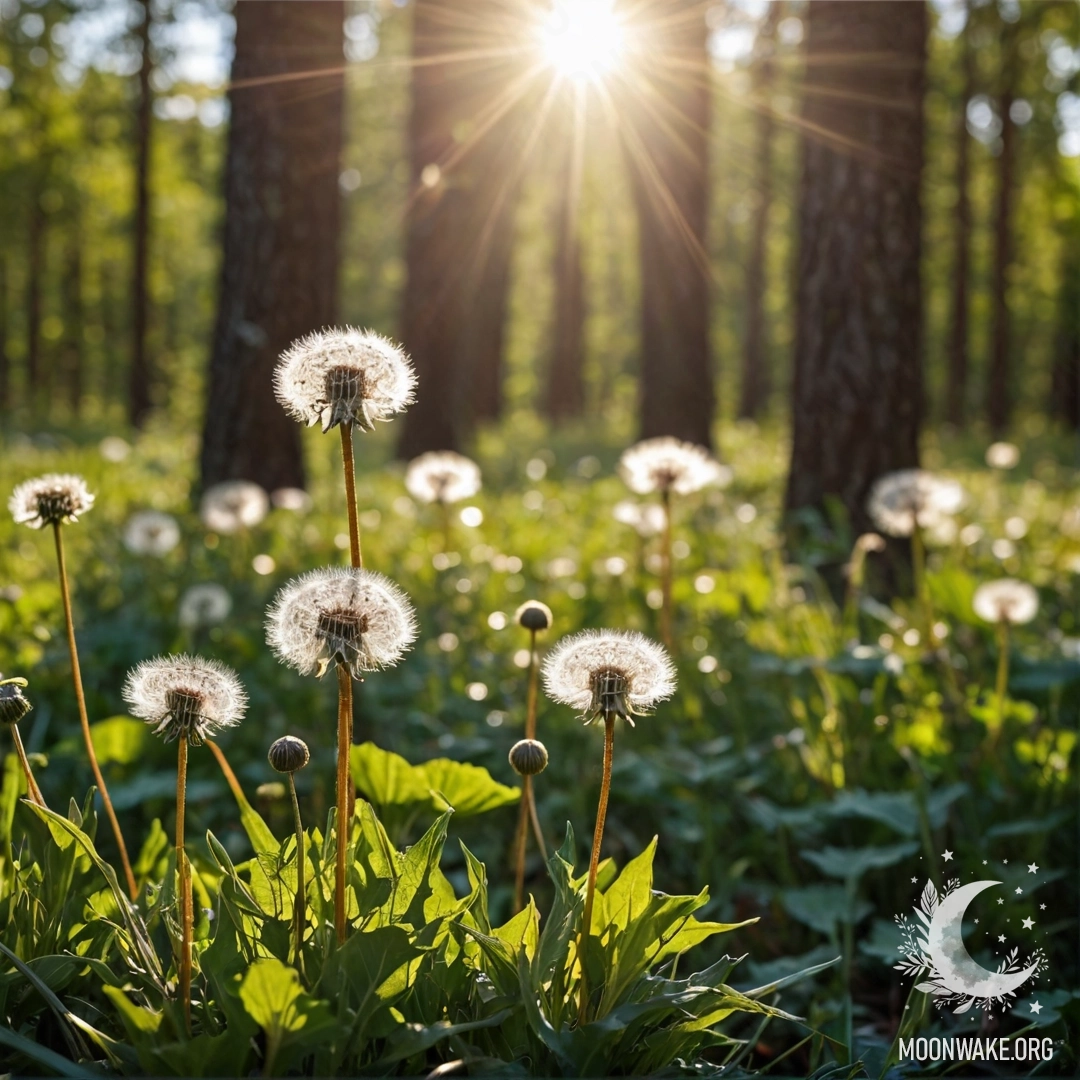 Cozy Dandelions in a Sunlit Forest Close-up of dandelions in a field with a blurred forest background and sun rays shining through the trees.
