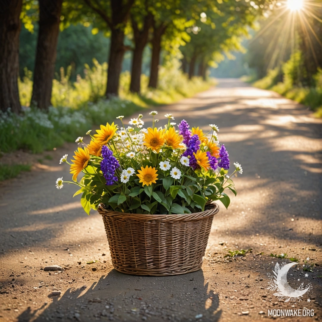 A quaint dirt road featuring a basket of flowers, surrounded by trees and soft sunlight.