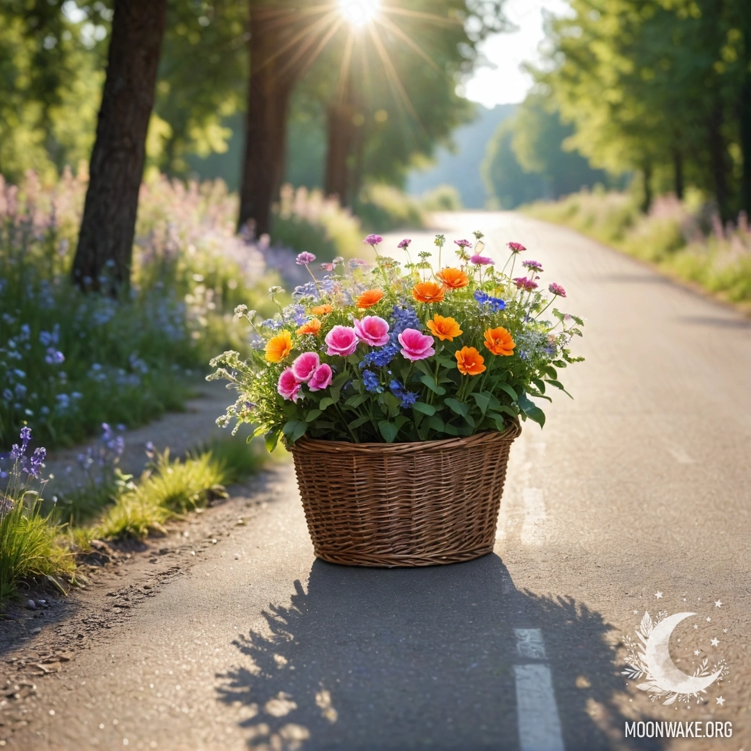 A basket of flowers resting on a cozy dirt road with a bokeh background of trees and sun rays.