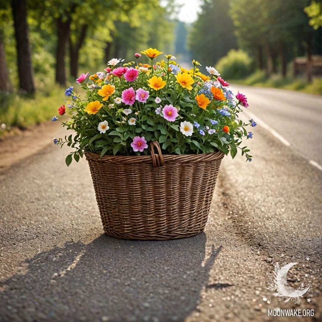Cozy Dirt Road with Basket of Flowers A cozy dirt road featuring a basket of flowers, surrounded by trees, with a blurred background.