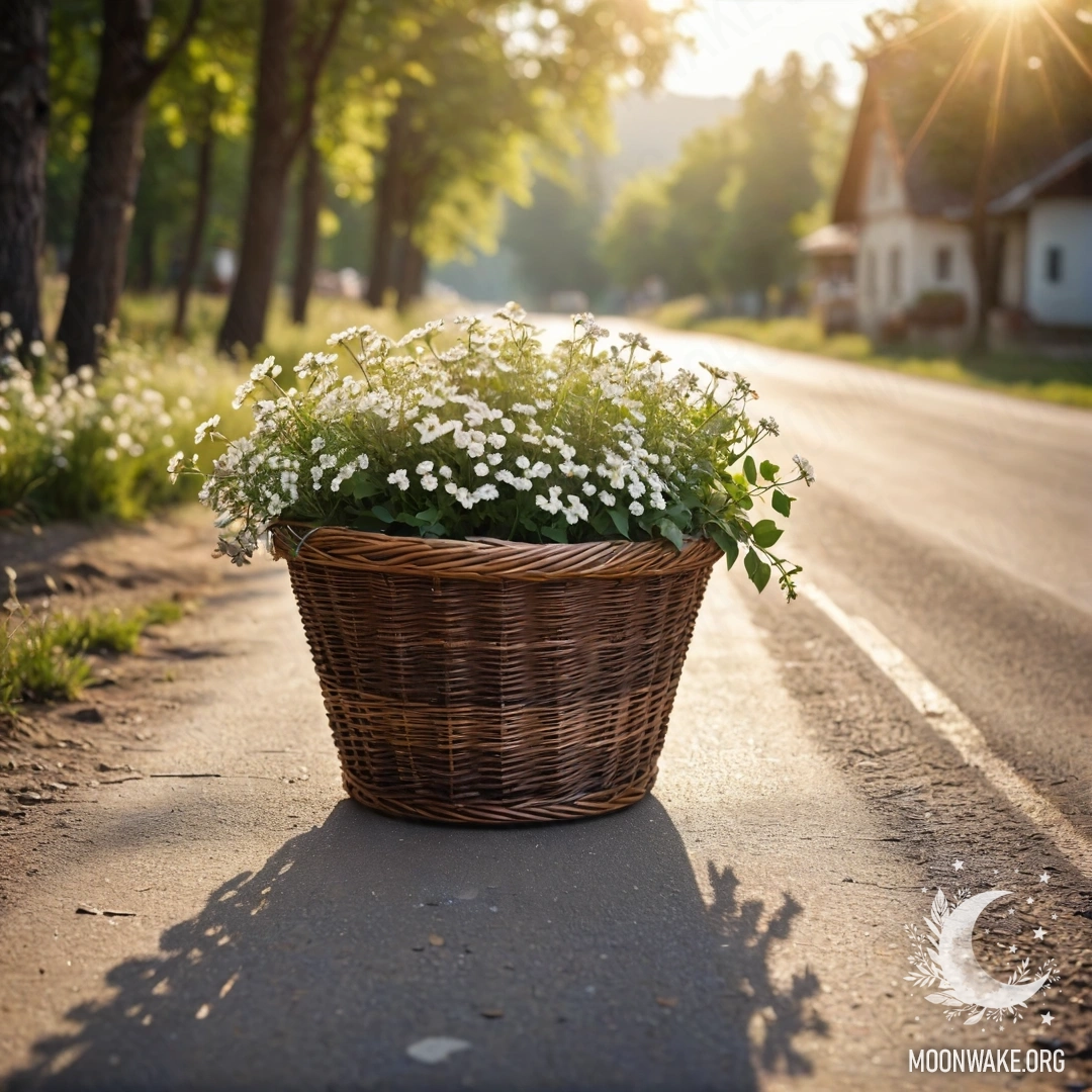 A dirt road with a basket of flowers, surrounded by trees and sun rays.