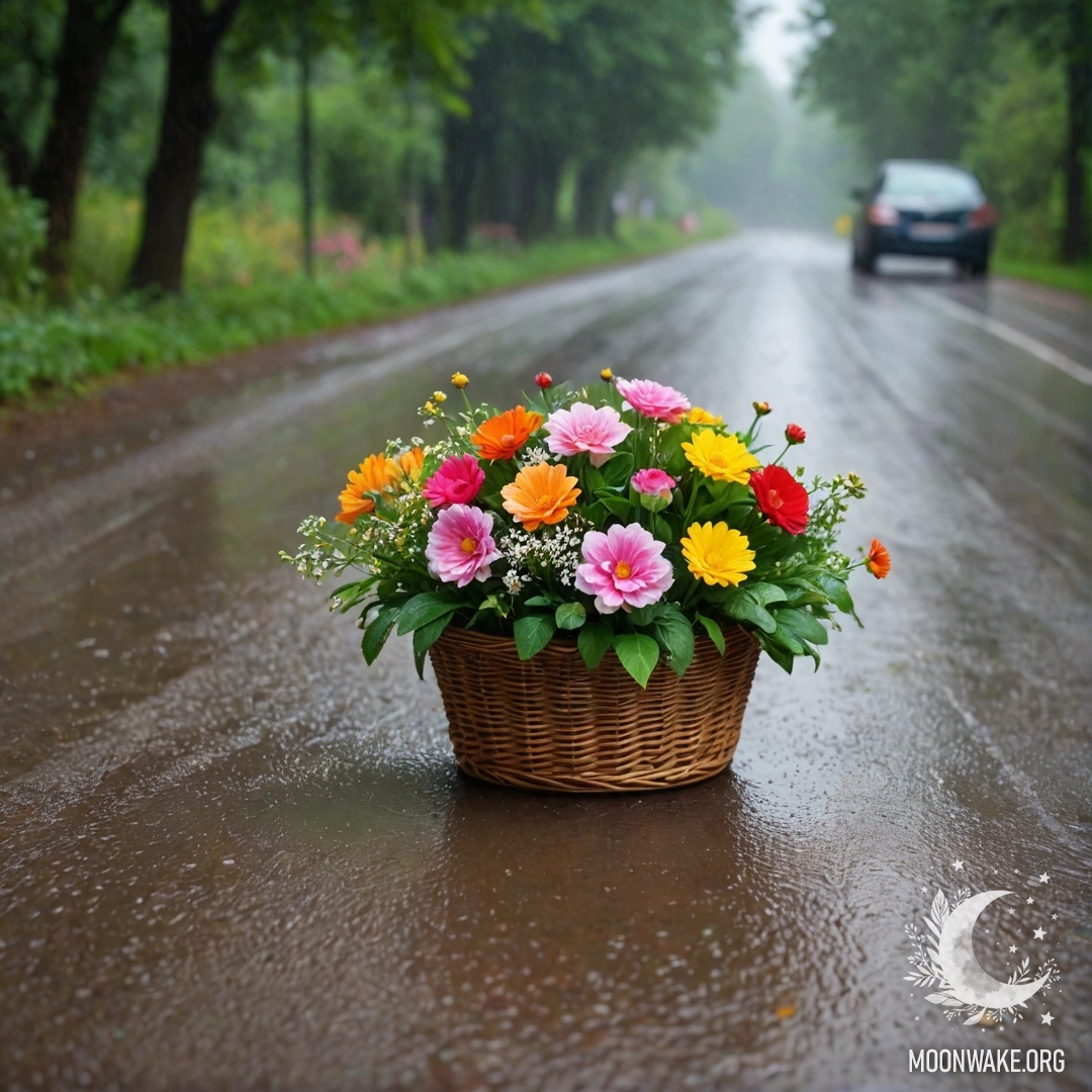 Cozy Dirt Road with Flowers A rural dirt road with a basket of flowers on it, blurred trees in the rain.