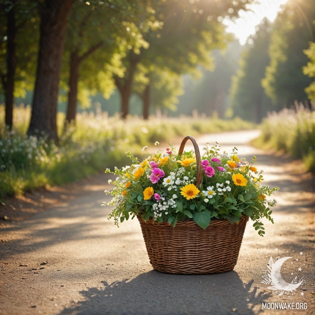 Cozy Dirt Road with Basket of Flowers A dirt road adorned with a basket of flowers and a bokeh background of trees illuminated with garland lights.
