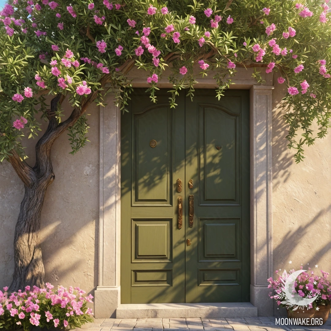 A picturesque dirt road with a basket of flowers on it, blurred trees in the background.