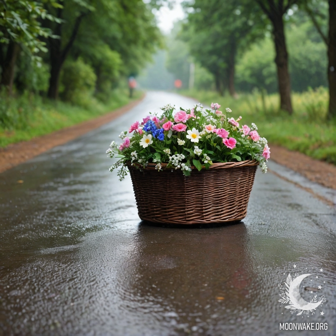 A serene dirt road with a basket of flowers, blurred trees in the rain.