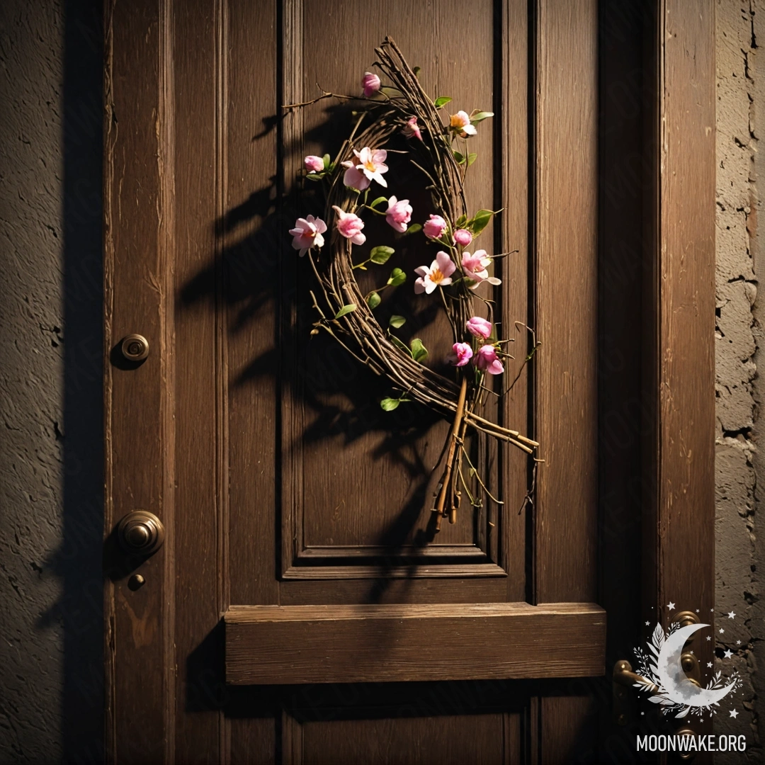 A shabby door adorned with twigs and flowers on the handle at night.
