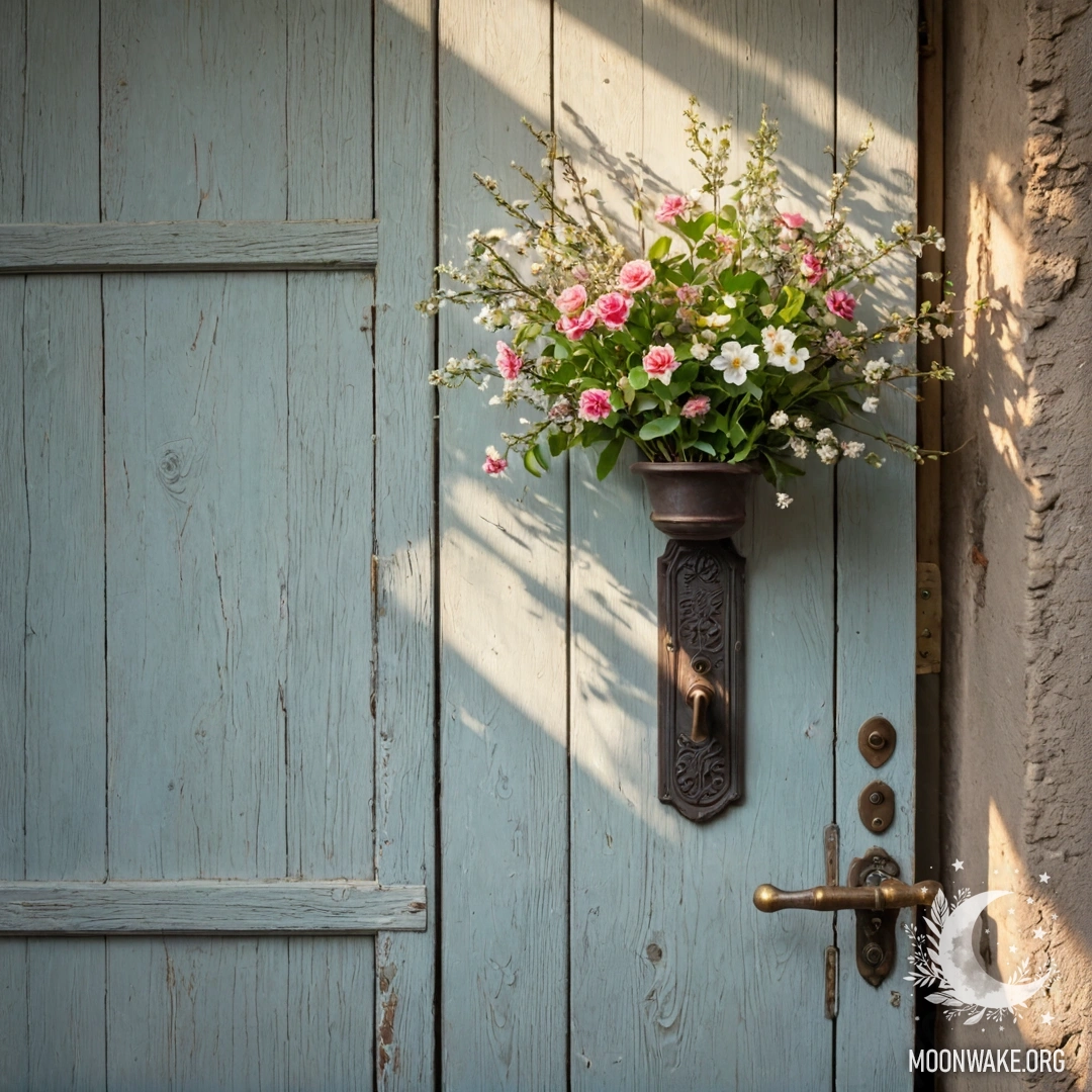 Cozy Door with Floral Touch A shabby door adorned with twigs and flowers, bathed in sunlight.