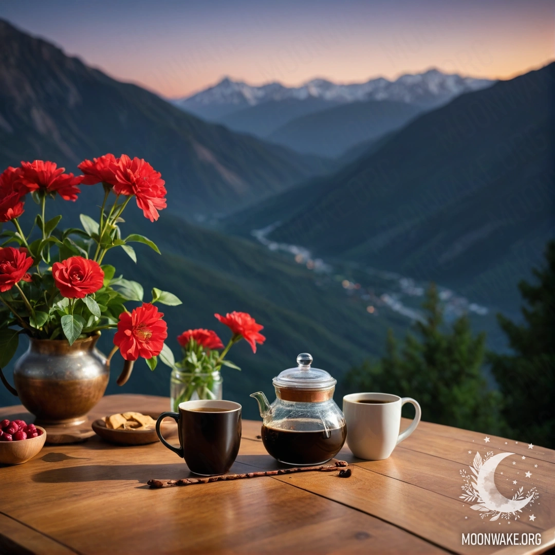Cozy Nighttime Table with Red Flowers A wooden table with a jar of red flowers, coffee pot, and cups against a mountain backdrop at night.